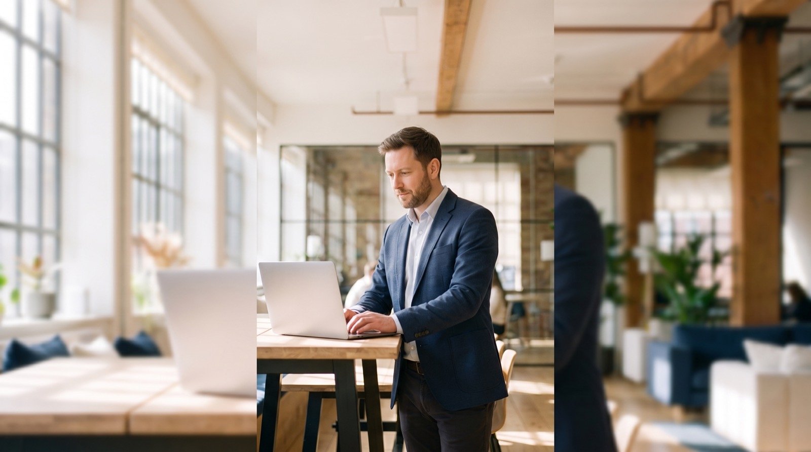 A professional reviewing roles on a laptop at a standing desk